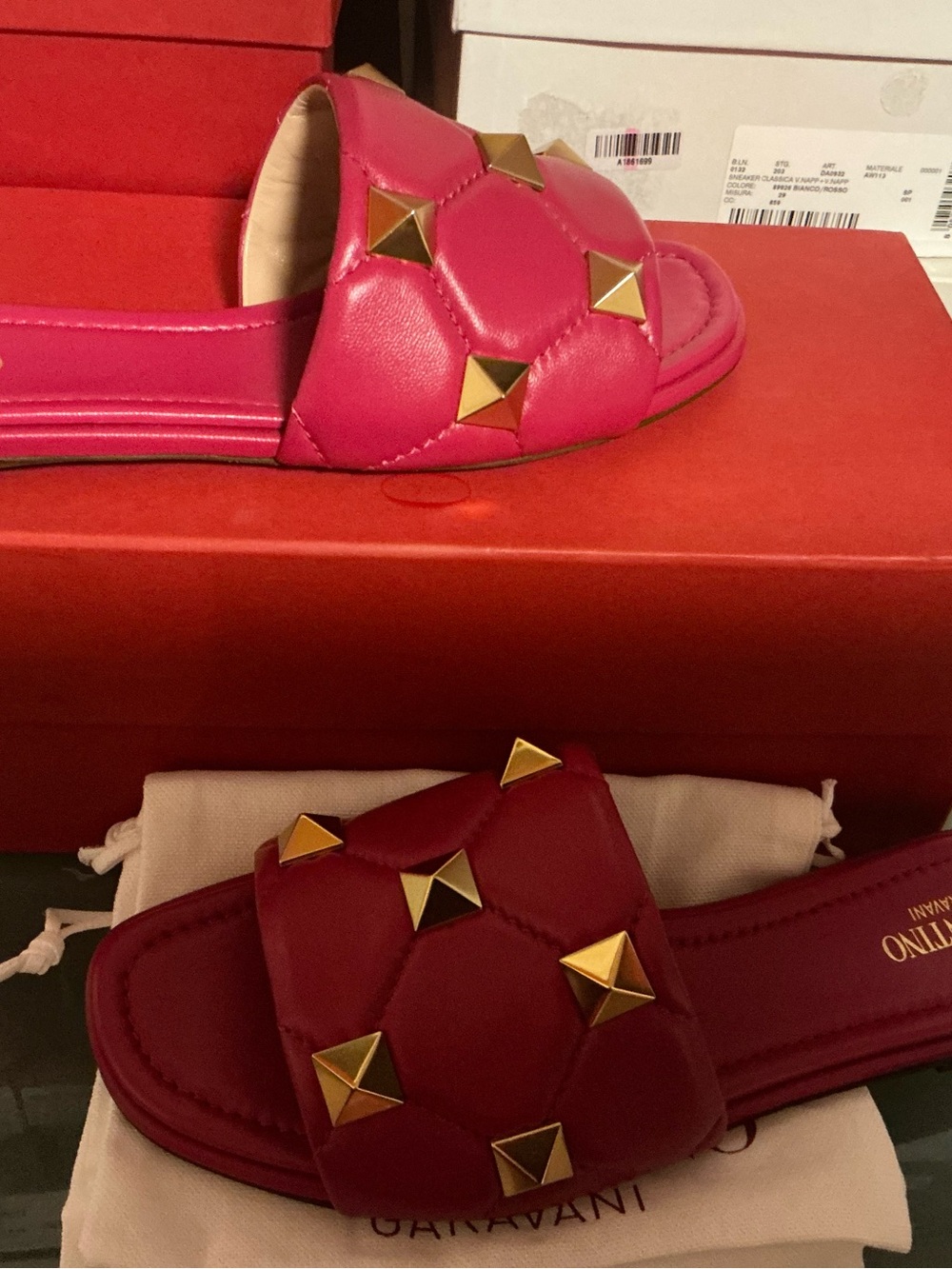 Valentino Garavani Hot Pink Quilted Slide Mules with Gold Pyramid Studs